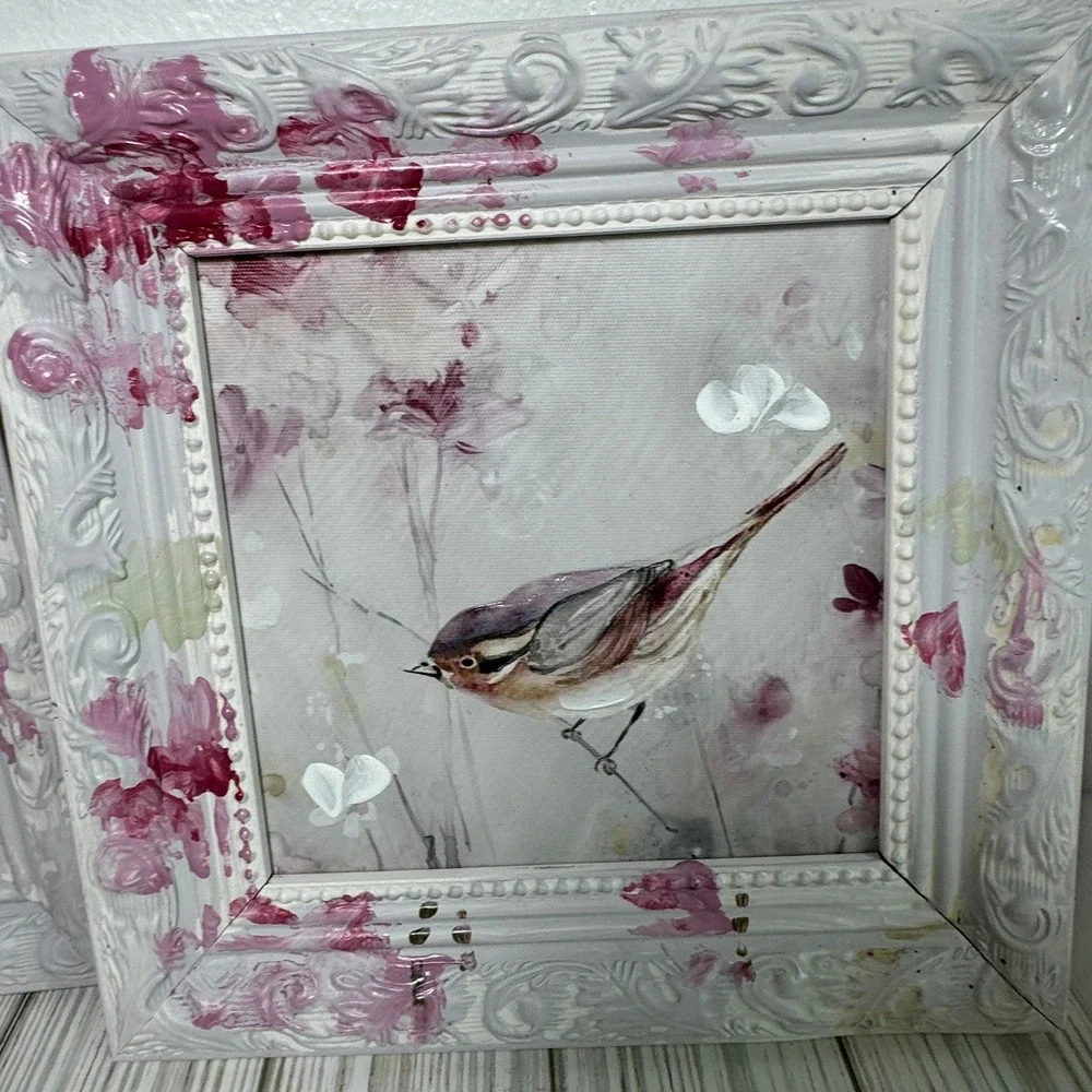 New View Gifts Bird Framed Wall Art Set of 2 Pink White Shabby Chic Floral 10x10